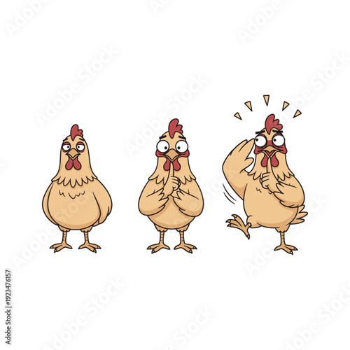 Cartoon chickens expressing different emotions with comedic effect on white background