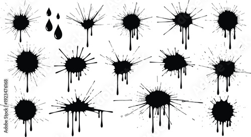 Black ink splatter collection, abstract paint splash stains isolated on white background for 