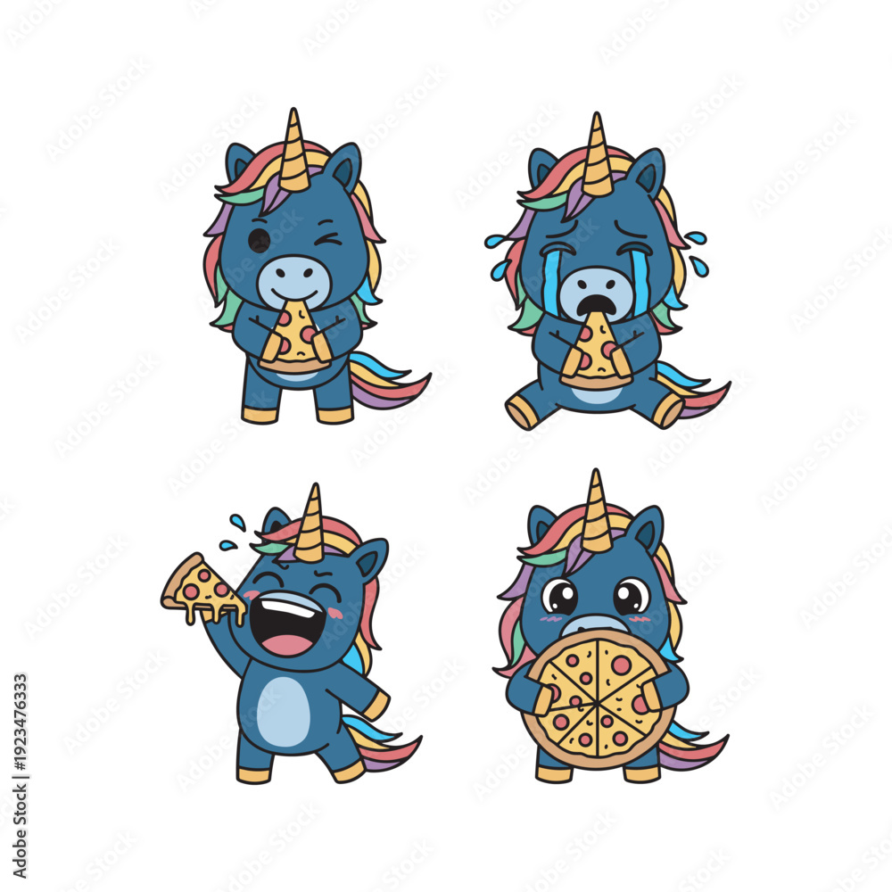 Fototapeta premium Cartoon unicorns with pizza, laughing and having fun in a playful illustration style