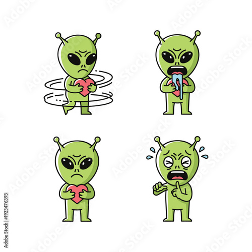 Cartoon alien character experiencing various sickness symptoms with comedic expressions
