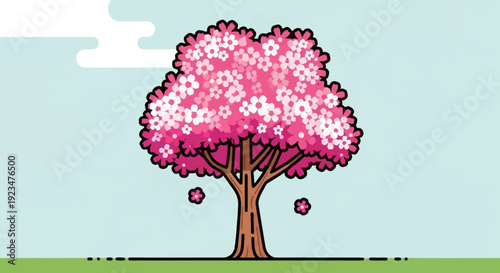 A vibrant pink tree stands alone in a lush green field under a light blue sky with a few falling petals, vector illustration.