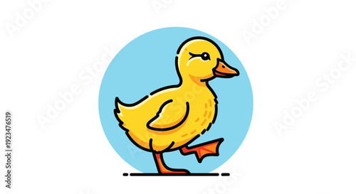 A vibrant cartoon duck strides confidently across a clean, simple setting, viewed from the side.