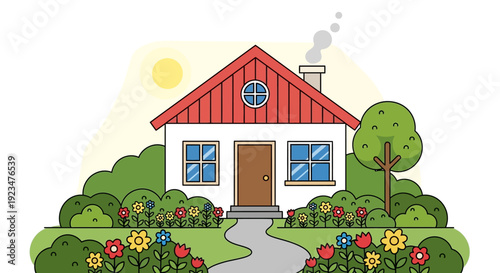 A cartoon house with a red roof and garden, surrounded by flowers and trees, viewed from the front.
