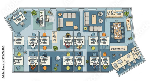 Modern office space layout with desks, chairs, and meeting areas for collaborative work.