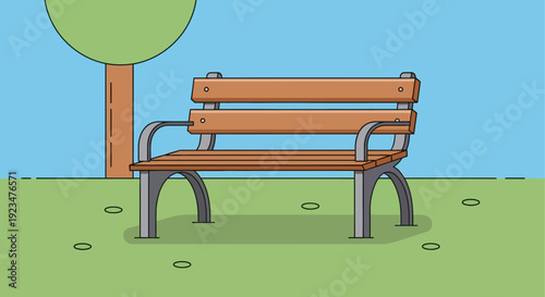 A wooden bench sits alone on a grassy area with a tree in the background under a clear blue sky