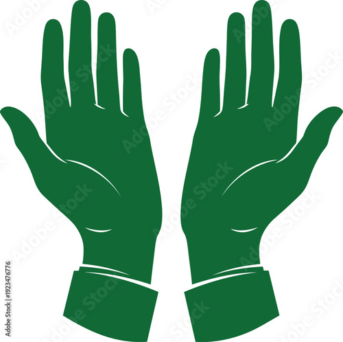 Two green hand shaped gloves with extended fingers and cuffs in flat