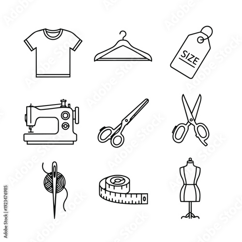 Fashion sewing tools kit including t-shirt, hanger, size tag, machine, scissors, needle, thread, tape measure, and mannequin