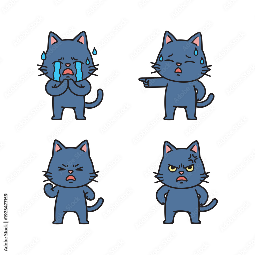 Obraz premium Cartoon cat expressing different emotions with facial expressions and gestures
