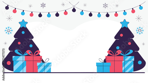 Two dark Christmas trees and wrapped gifts decorate a festive banner border with hanging lights and snowflakes.
