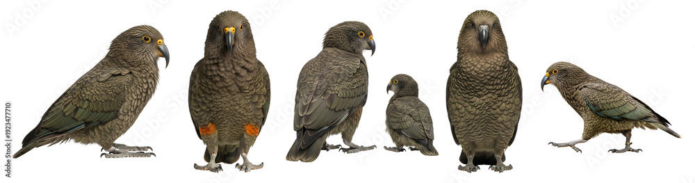 Fototapeta premium A group of different sized parrots standing in a row on transparent background