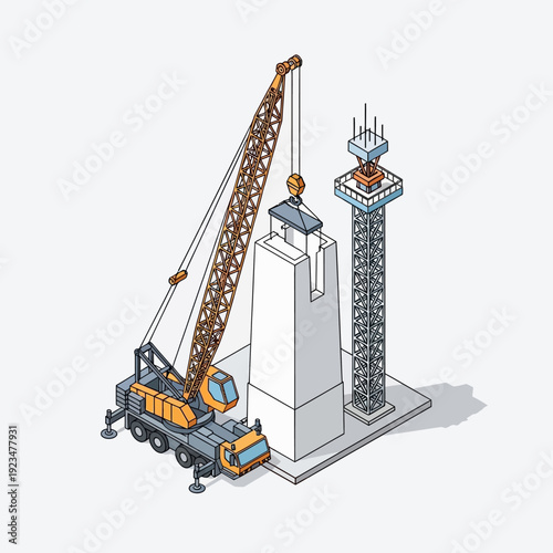 Crane lifting construction material to high-rise building site.