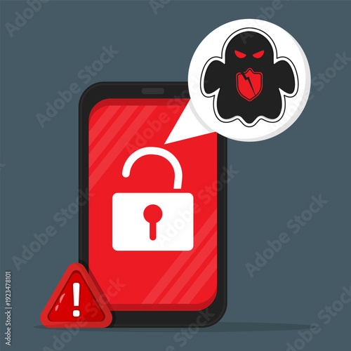 Smartphone security breach with unlocked padlock, ghost hack icon and warning sign, representing mobile hacking, cyber attack, scam alert and hacker attack.