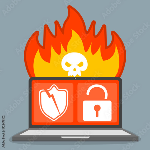 Hacker attack on laptop with broken shield, unlocked padlock and burning under skull fire. Concept cyber attack, malware attack and spam alert.