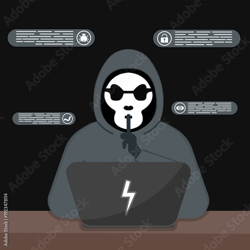 Anonymous hacker in hoodie using laptop with some notifications of cyber attack. Concept of malware attack, online privacy threat and scam alert.