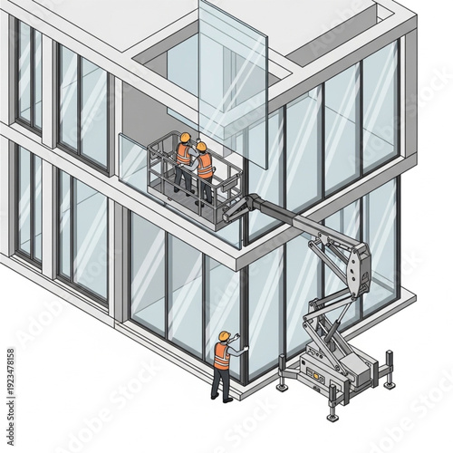 Construction workers on a suspended platform cleaning building facade.
