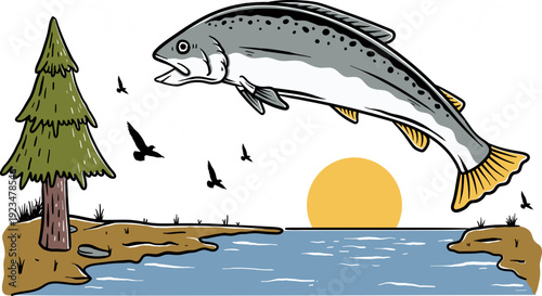 Salmon with Trees Illustration, Outdoor Scene