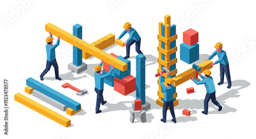 Teamwork Building Blocks Construction Workers.