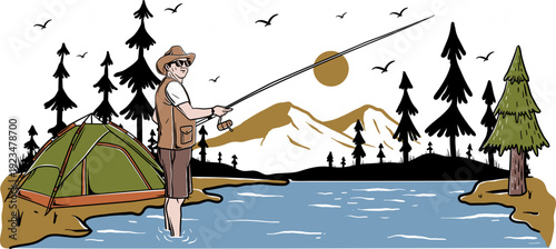 Fisherman on Lake Illustration, Outdoor Adventure