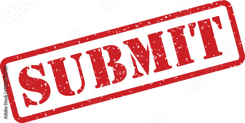 Red grunge textured rubber stamp with the word SUBMIT positioned diagonally on a clean white background