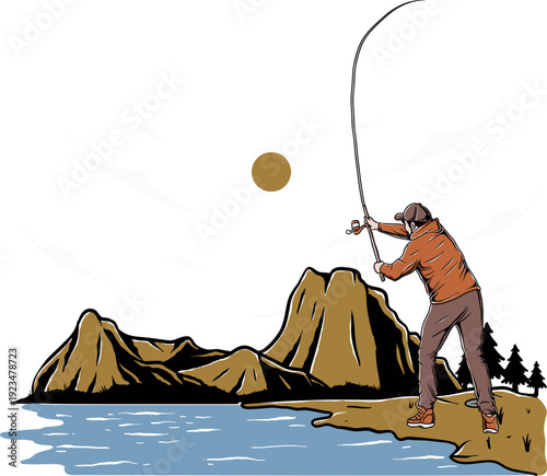 Angler Fishing on Rocks Illustration, Outdoor Scene