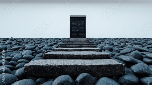 Wallpaper Mural Mysterious Black Door with Stone Steps Leading to Threshold in Serene Setting Against White Wall with Dim Lighting and Modern Minimalist Architecture Torontodigital.ca