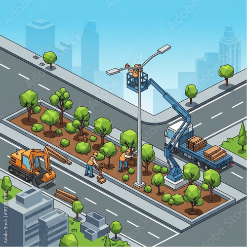 City street maintenance workers installing new street light.