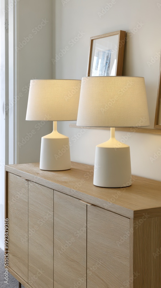 custom made wallpaper toronto digitalPair Of White Table Lamps On Wooden Cabinet With Shimmering Surface Against White Wall