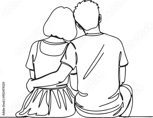 Black and white line of a man and woman sitting together with their arms around each other couple