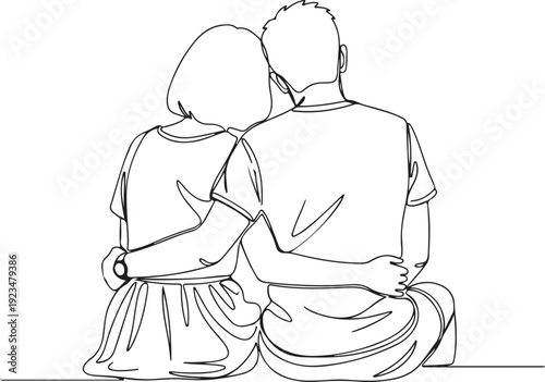 Black and white line of a man and woman sitting together with arms around each other line black and white