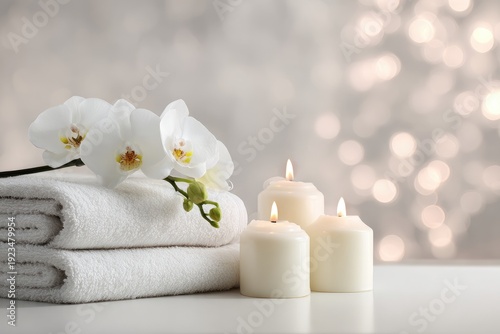 Serene Spa Atmosphere with White Orchids, Candles, and Soft Towels