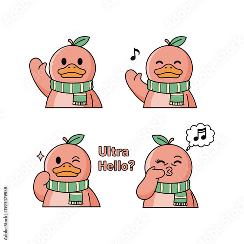 Cute cartoon duck character with different emotions wearing green scarf