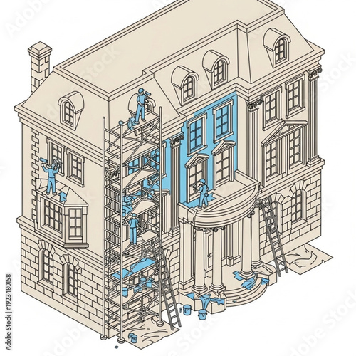 Isometric illustration of a building under renovation with scaffolding and workers.