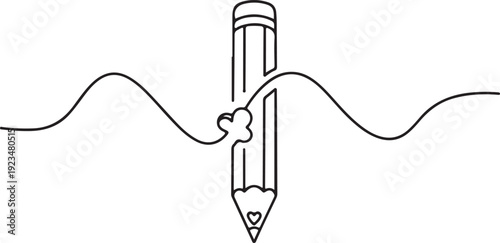 Black line of a pencil with a heart shaped tip and eraser surrounded by a wavy line and a four leaf clover