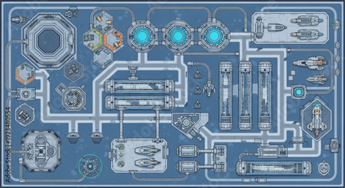 Intricate futuristic schematic diagram showcasing complex technological infrastructure and design.