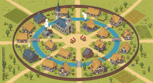 Medieval village illustration showcasing architecture, structures, and surrounding landscape elements.