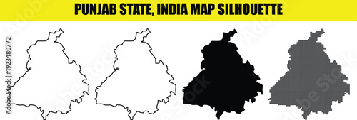 Punjab state india map silhouette collection simple shape outline solid black and halftone dotted style vector illustration