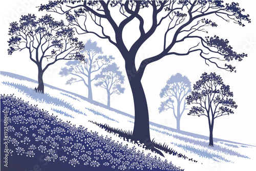 A minimalist vector illustration of trees on a hillside with flowers and grass in a flat design style