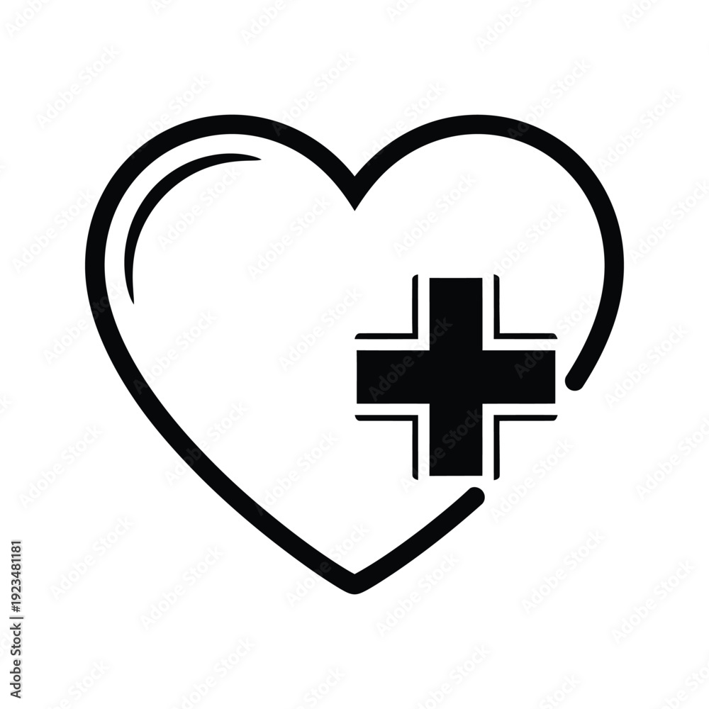 Fototapeta premium Heart with medical cross icon, simple black and white illustration