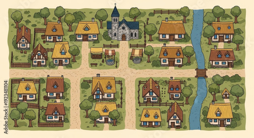 Charming village scene featuring houses, church, and a serene river, a picturesque view.