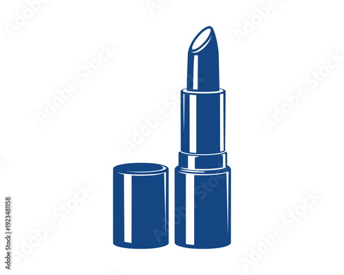 Blue lipstick tube with cap off and base detached on white background cosmetics makeup beauty