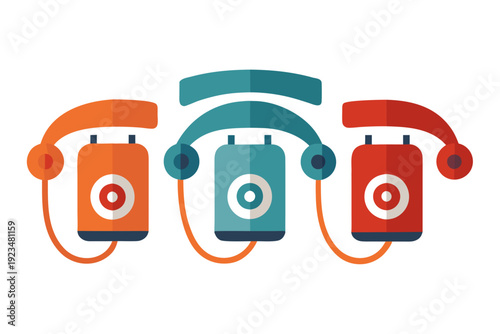 A colorful vector graphic illustration of three telephones with headphones and cords in a modern design