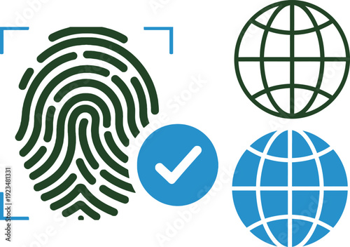 Fingerprint verification and global network in green black and blue colors