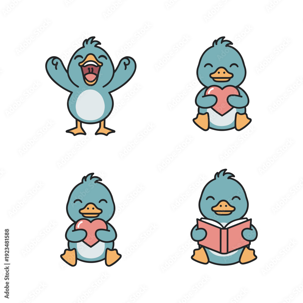 Obraz premium Cartoon blue bird character set with different emotions and activities on white background