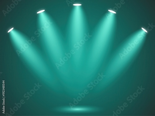 Obraz na płótnie Five bright turquoise spotlights shining down on a dark teal stage or background