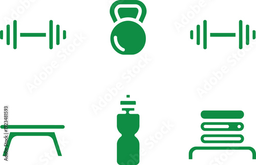 Green fitness equipment including barbell water bottle bench kettlebell weight plates rack