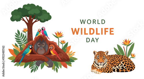 Vector illustration of World Wildlife Day with various animals and a sunset background, promoting conservation and biodiversity.