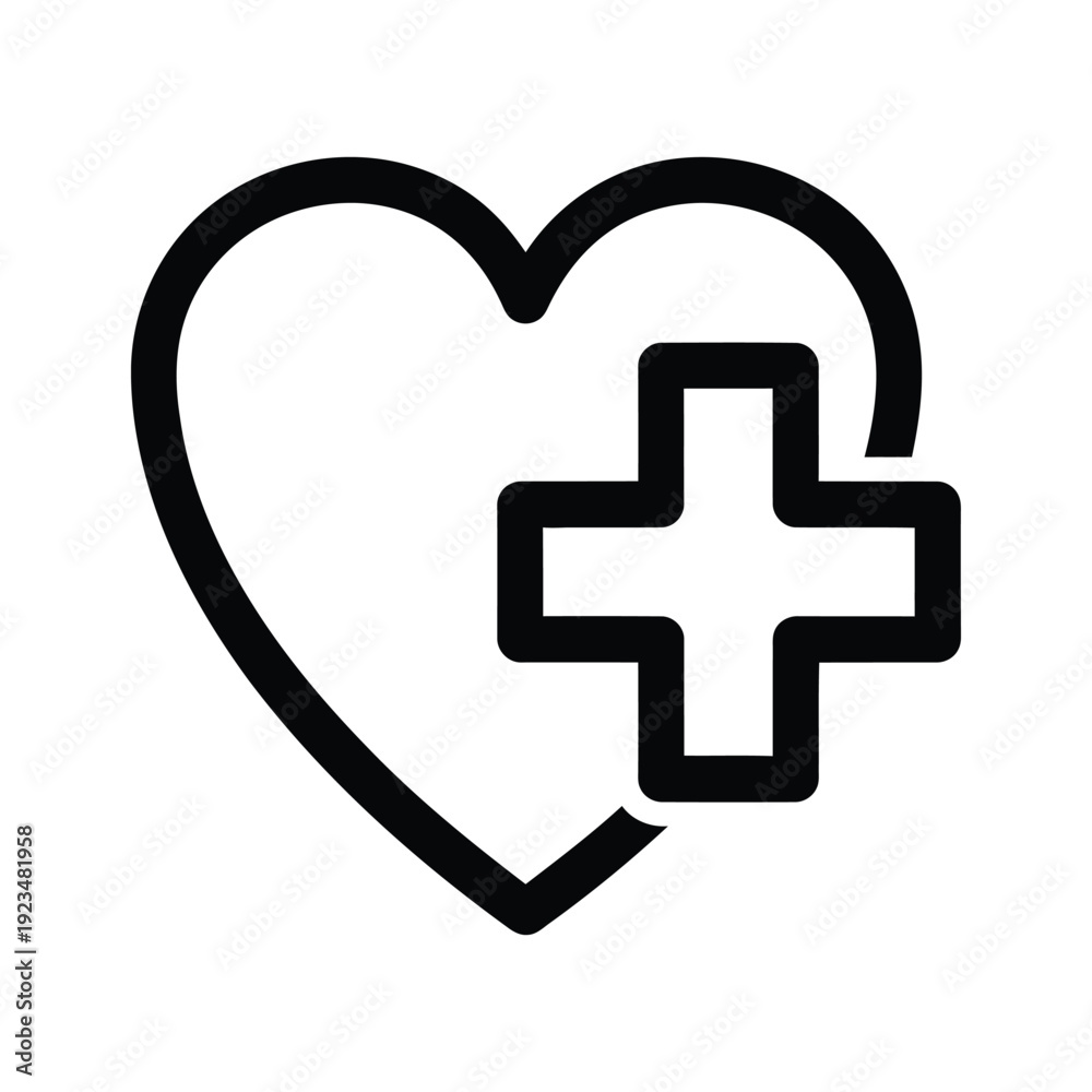 Fototapeta premium Heart with medical cross icon, simple black and white illustration