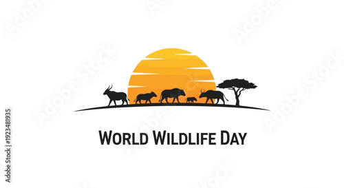 Vector illustration of World Wildlife Day with various animals and a sunset background, promoting conservation and biodiversity.