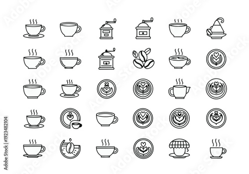 Collection of minimalist coffee icons featuring cups, beans, grinders, and latte art designs