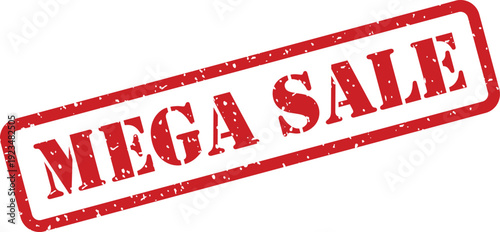 Red rubber stamp with grungy texture displaying the capital words MEGA SALE on a white background